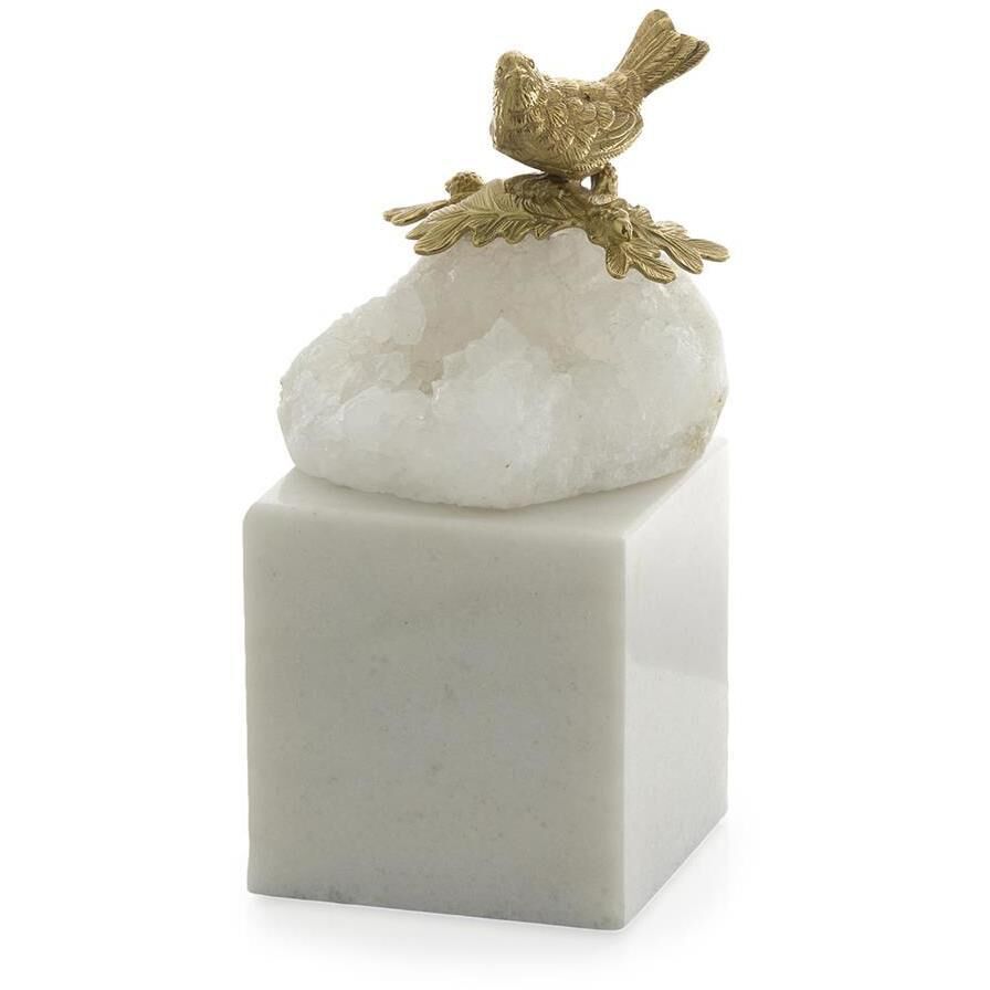 Brass Bird and Quartz 7 X 3 inch Sculpture, on Marble, Small