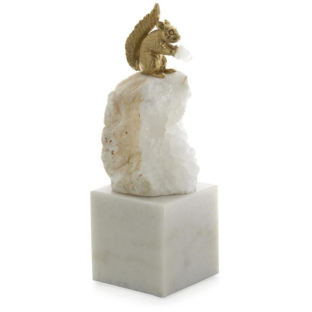 Brass Squirrel and Quartz 10 X 3 inch Sculpture, on Marble, Large