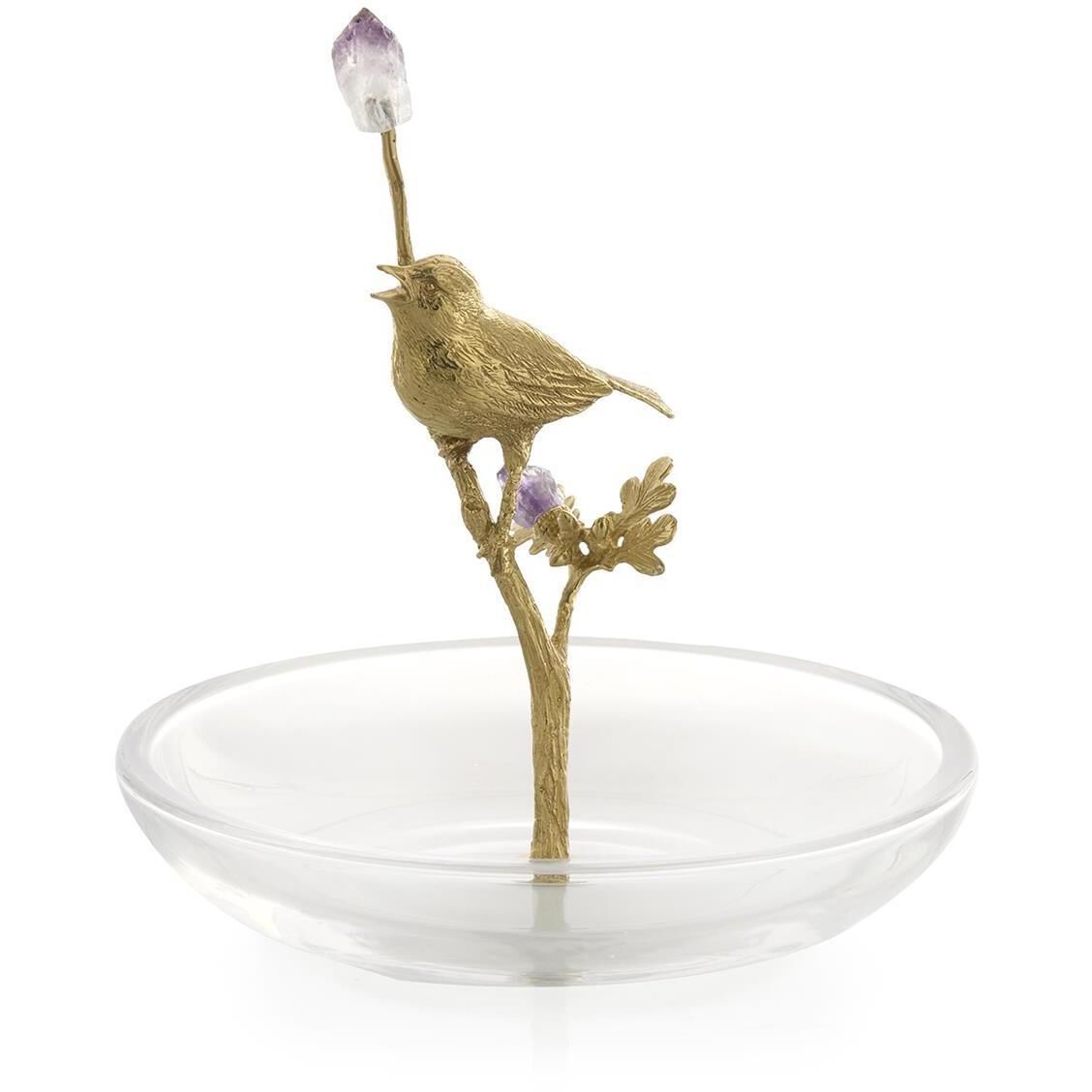 Brass Bird Sculpture on Glass 8.5 X 8 inch Bowl