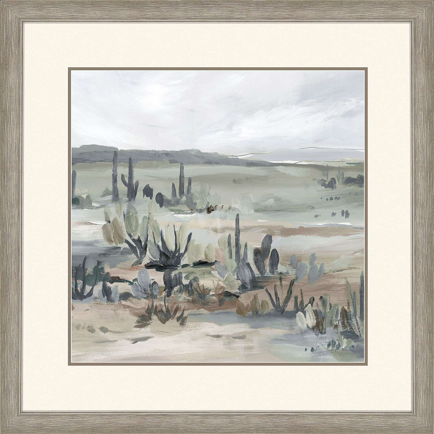 Blue Cactus Field Gray and Beige and Blue and Green Framed Art