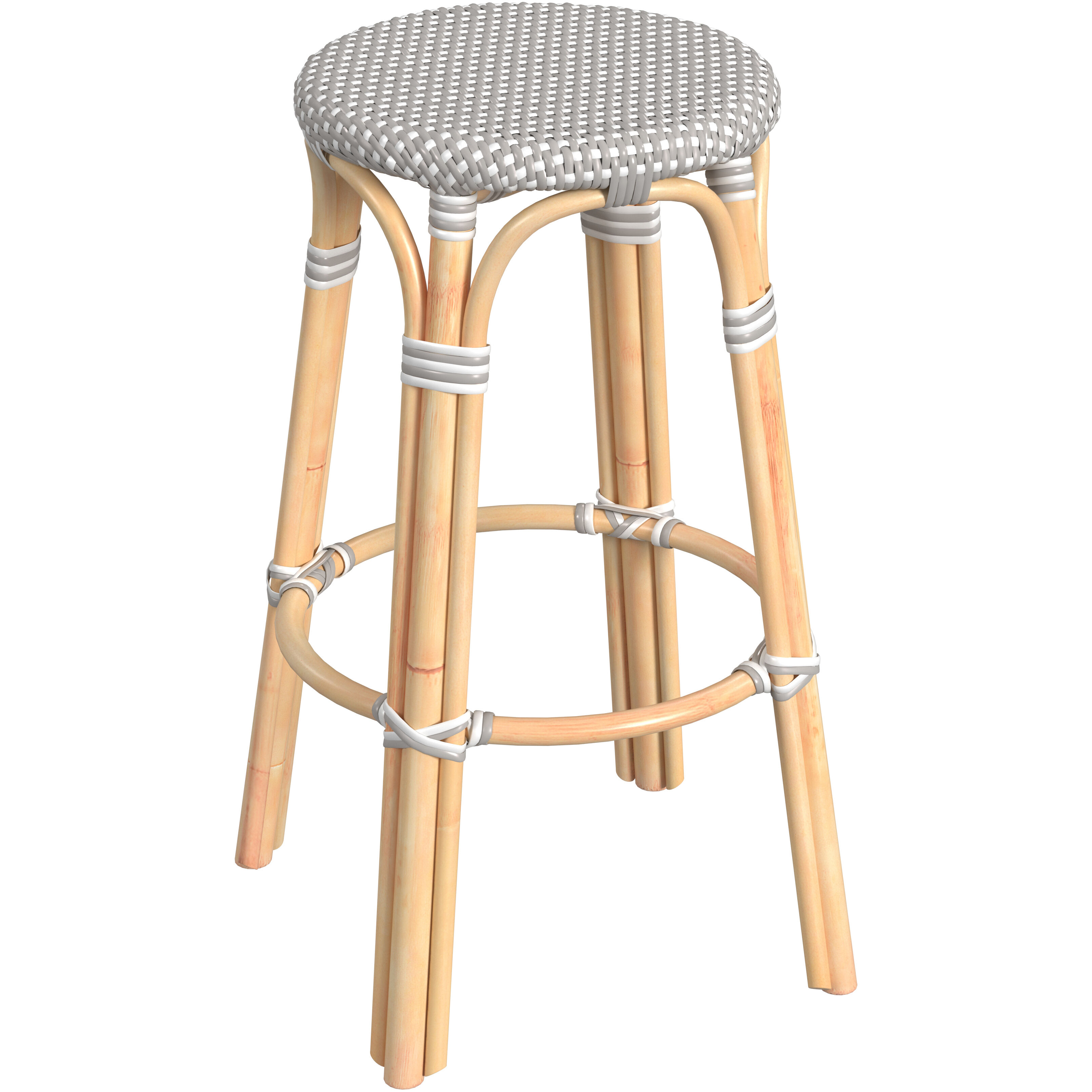 Tobias Round Rattan 30" Bar Stool in Gray and White Dot