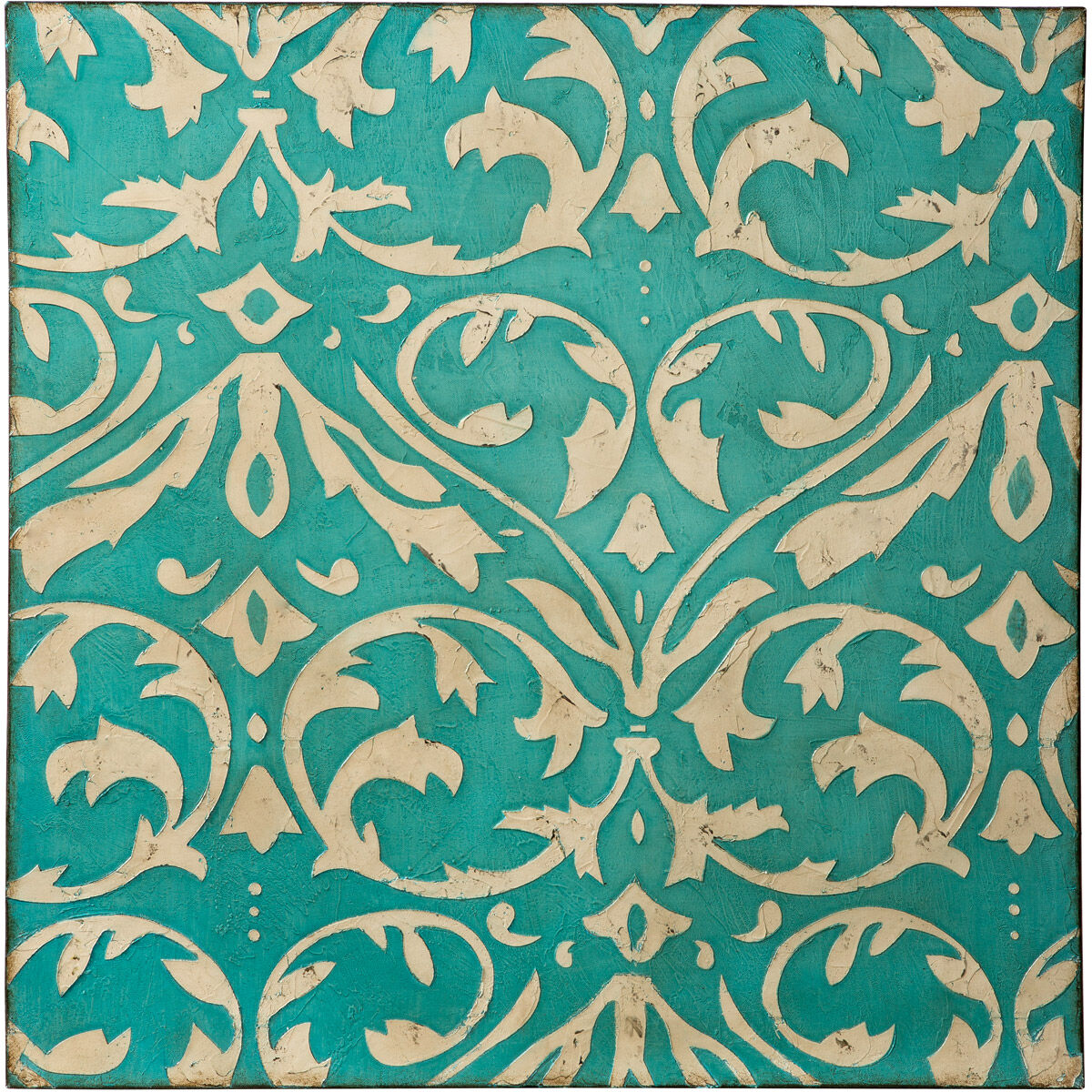 Damask Trefoil Distressed Teal and Ivory Canvas Wall Art, Varaluz Casa