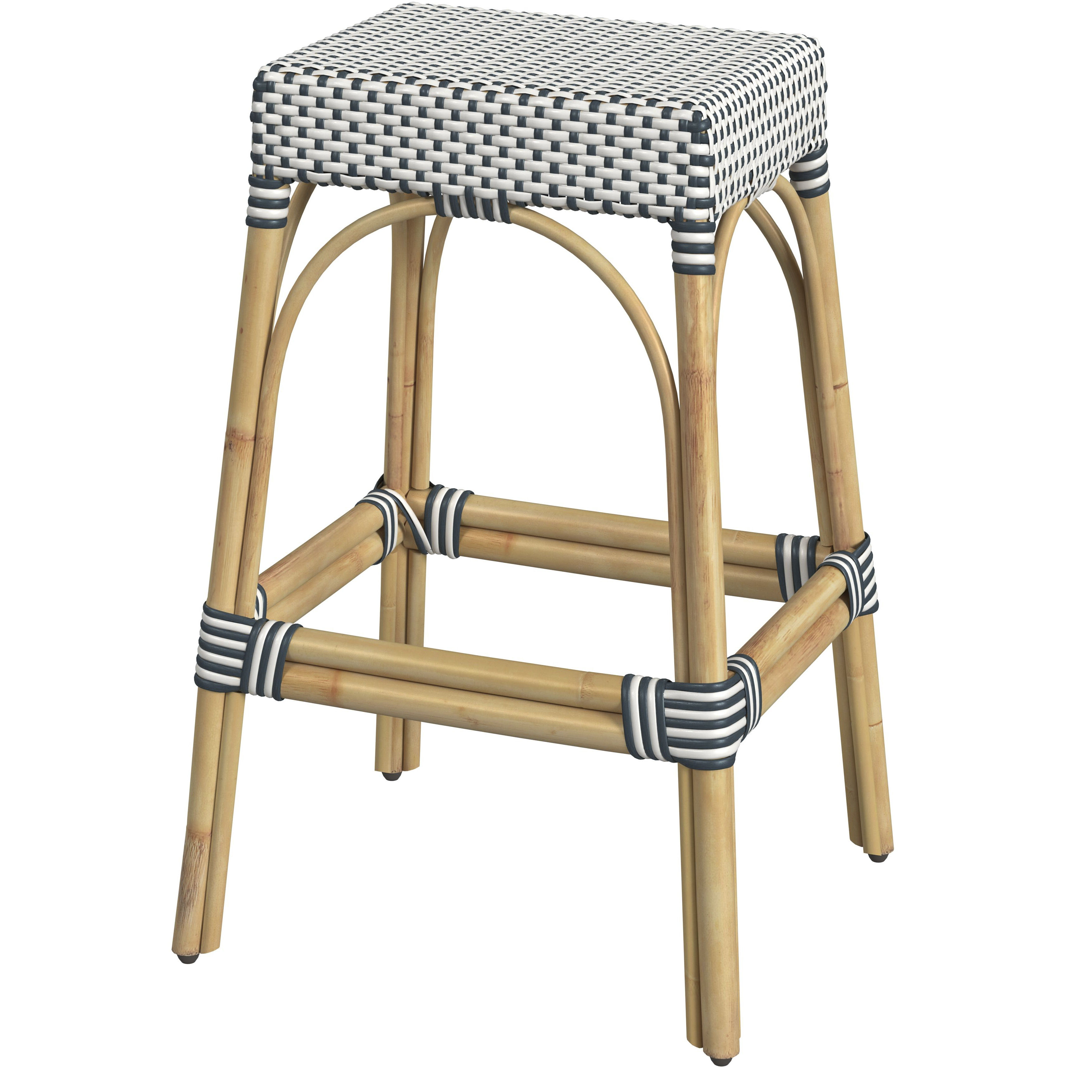 Robias Rectangular Rattan 30" Bar Stool in White and Navy Stripe