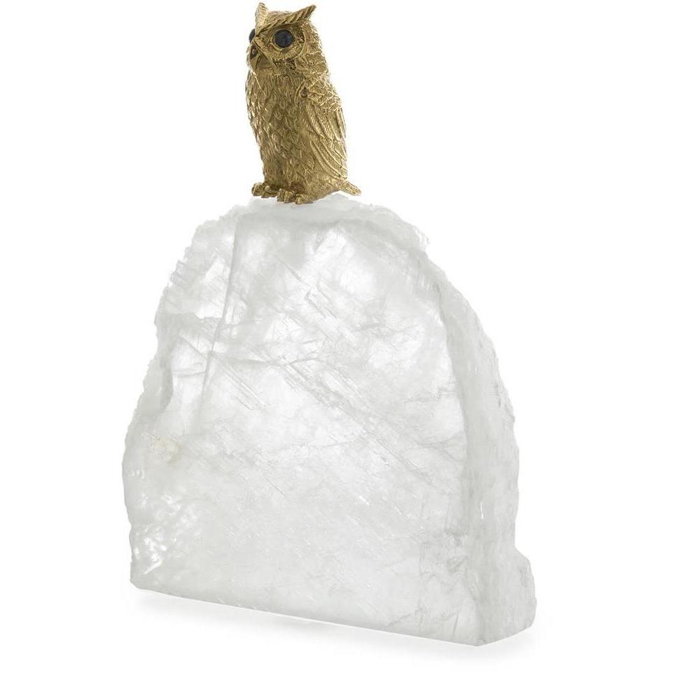 Perched Brass Owl 9 X 6 inch Sculpture, on Selenite, Large