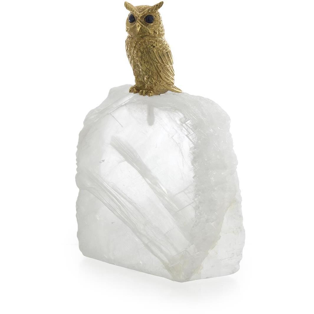 Perched Brass Owl 8 X 5 inch Sculpture, on Selenite, Small